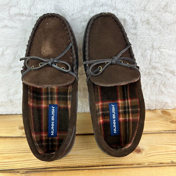 Nunn Bush Mens Size 10 Slippers Eddie Mocassin Brown Leather Faux Fur Plaid - Picture 9 of 14